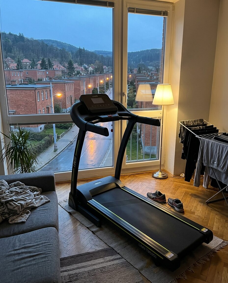 Běžecký pás Lifefit v obýváku zlínského bytu, za oknem baťovské domky za soumraku