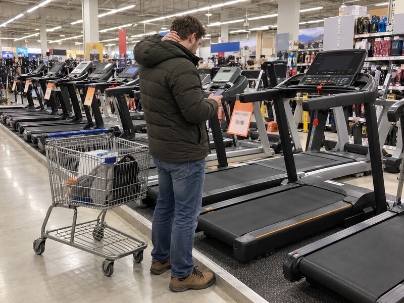 Zákazník váhá před řadou drahých běžeckých pásů v obchodě